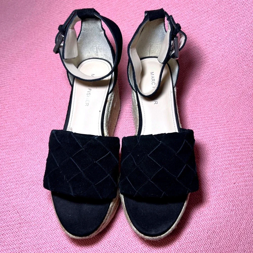 Marc Fisher Vixta Black Suede Woven Espadrille Wedge Sandals 8.5M